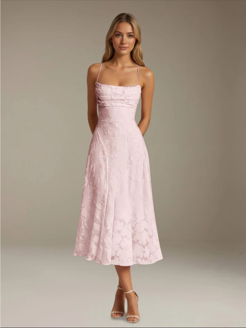 Delicate Pink Backless Lace Midi Dress with Spaghetti Straps